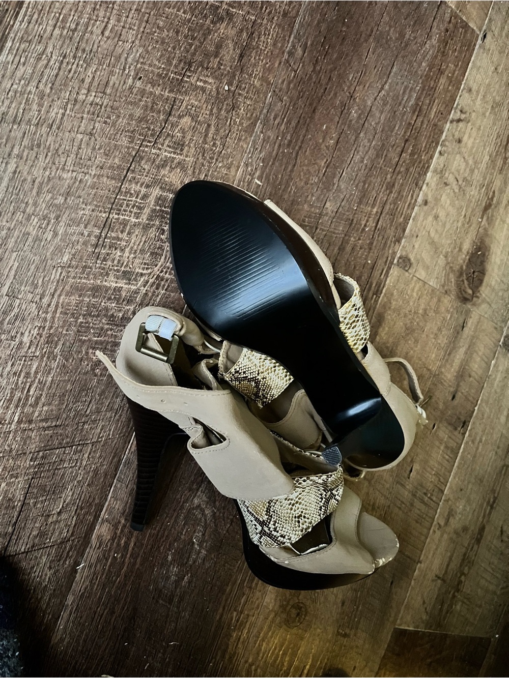 Beige Snakeskin Accent Ankle Strap Sandals - Picture 3 of 4